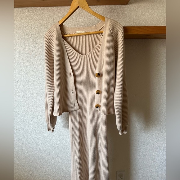 Luca + Grae Dress & Cardigan Sweater Ribbed Body-con Set Tan Size Medium - Picture 3 of 7